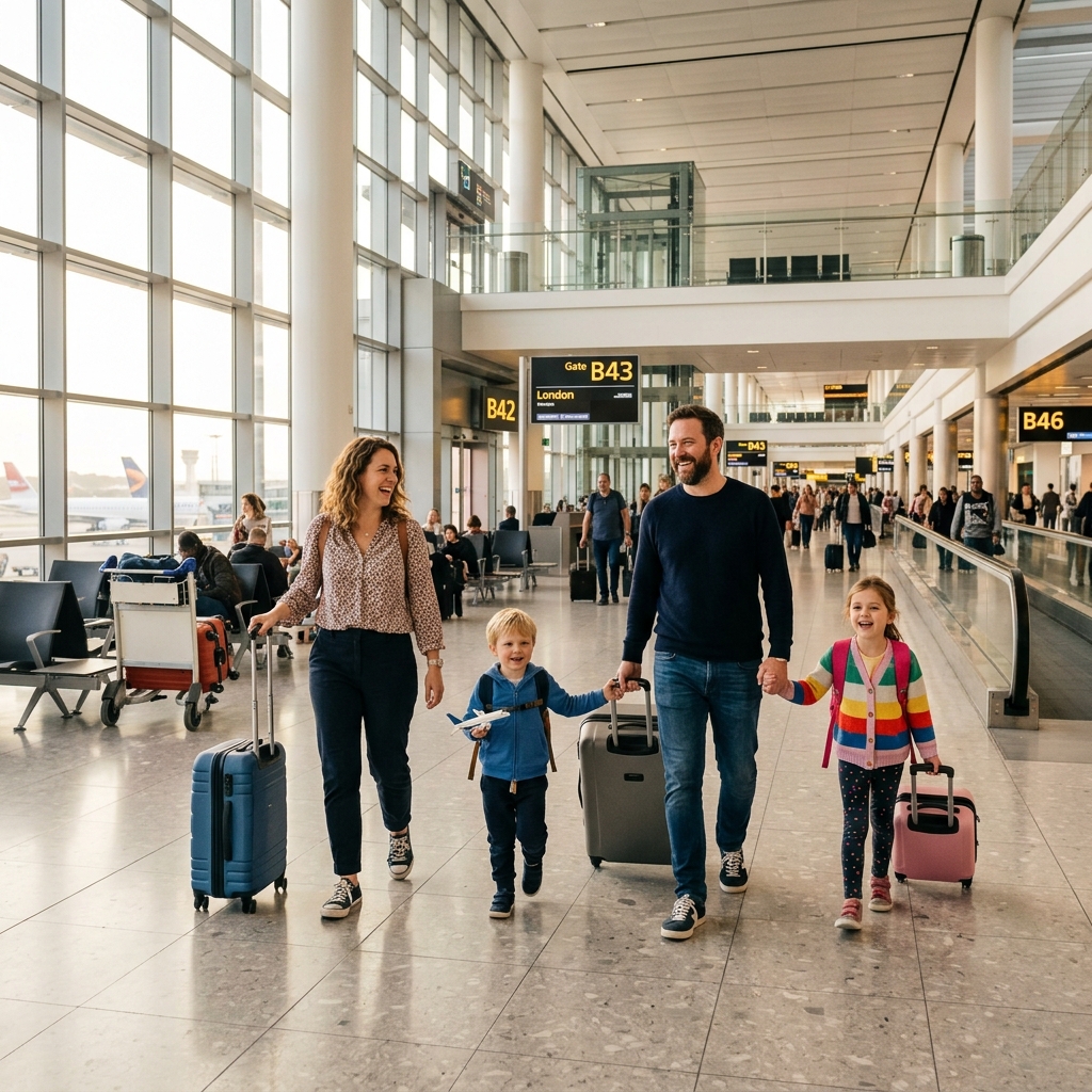 Family traveling together through a modern airport terminal