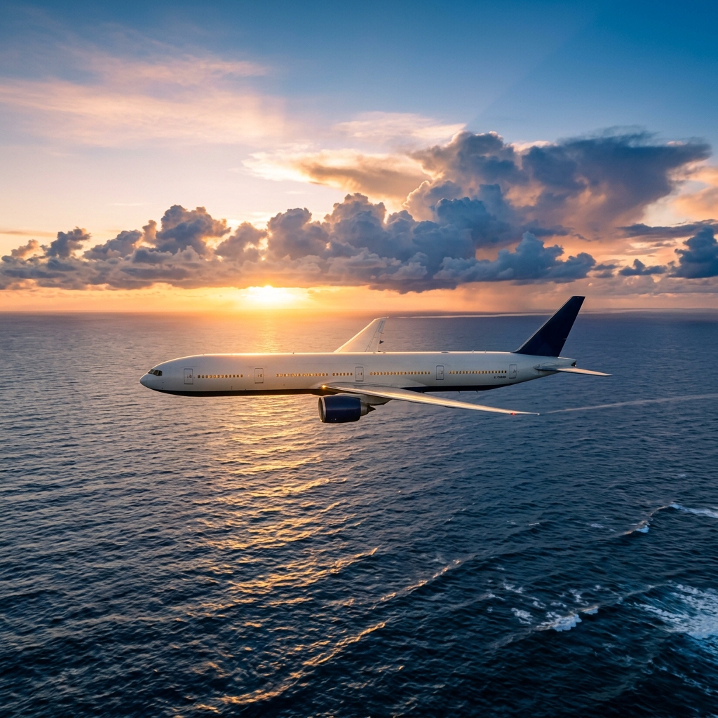 Commercial jet flying over the Atlantic ocean at sunset