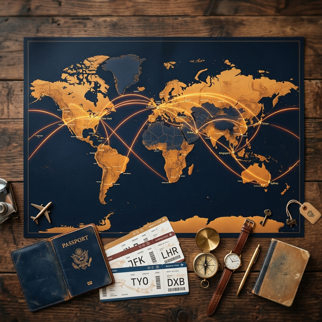World map with international flight routes connecting major cities